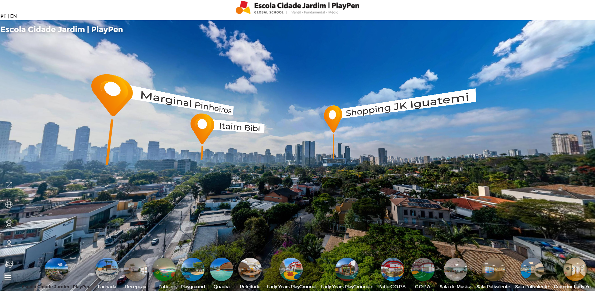 Vista aérea da Escola Cidade Jardim PlayPen com marcações da Marginal Pinheiros, Itaim Bibi e Shopping JK Iguatemi