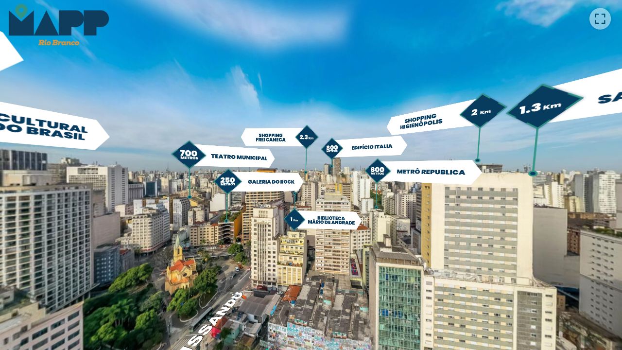 Vista aérea do tour MAPP Rio Branco com pontos de referência no centro de São Paulo